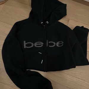 Bebe Black Rhinestone Logo Zip Up Hoodie
